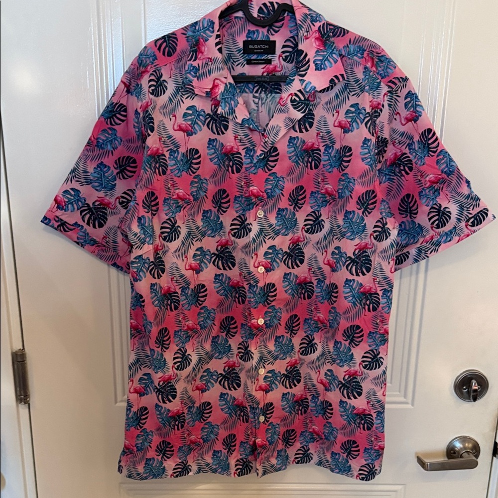 Bugatchi Pink and Blue Tropical Print Shirt